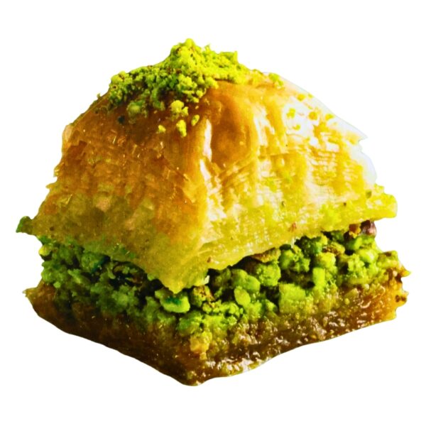 A single piece of layered baklava with golden-brown pastry, green pistachio filling, and a dusting of powdered sugar, isolated on a white background.