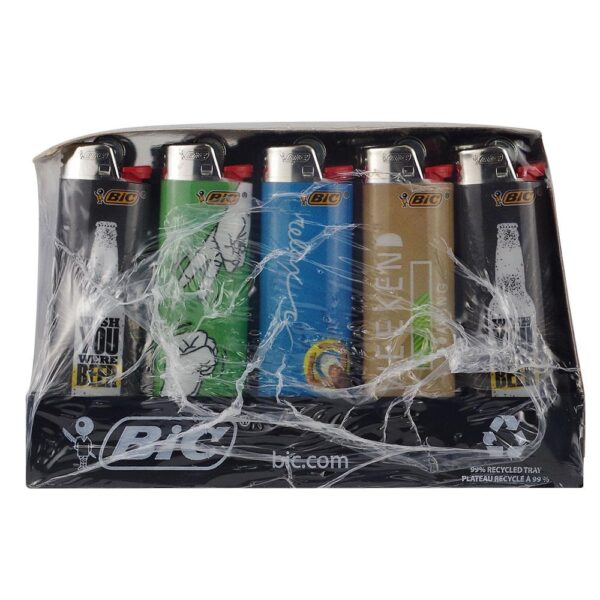 A six-pack of BIC recycled plastic lighters in a clear plastic clamshell package, showing the black, green, blue, and tan lighter designs through transparent wrapping.