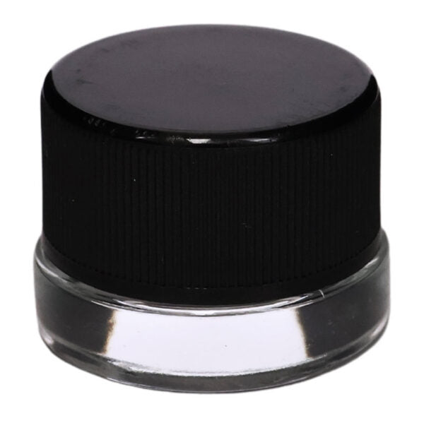 A small clear plastic jar with a black screw-on lid, shown against a plain white background.