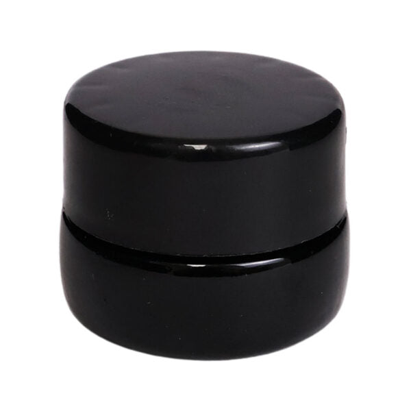 A small, round, glossy black plastic jar with a screw-on lid, isolated on a white background.
