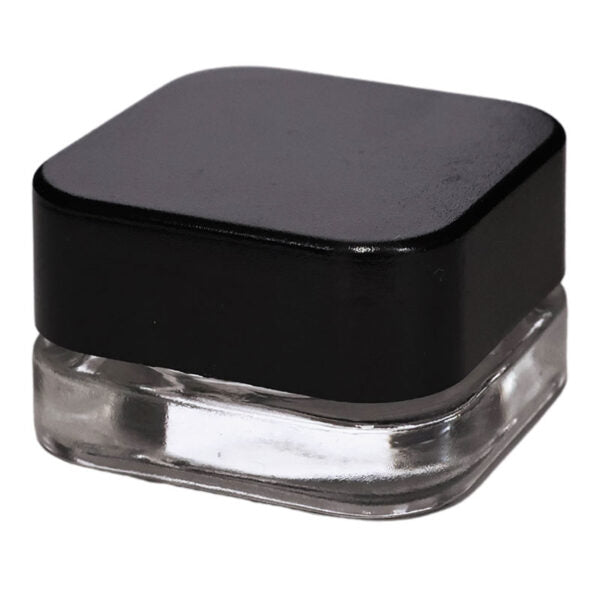 A small square glass jar with a black lid, shown on a plain white background.