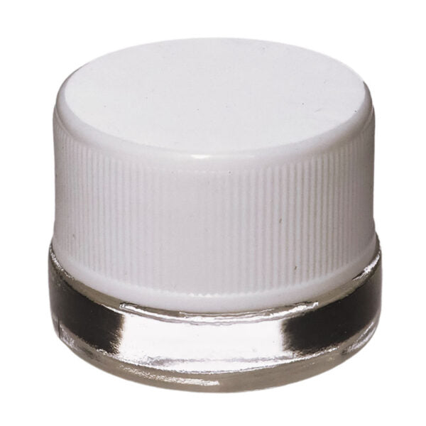 A small white plastic screw-on cap with a ribbed texture and a clear glass base, shown on a plain white background.