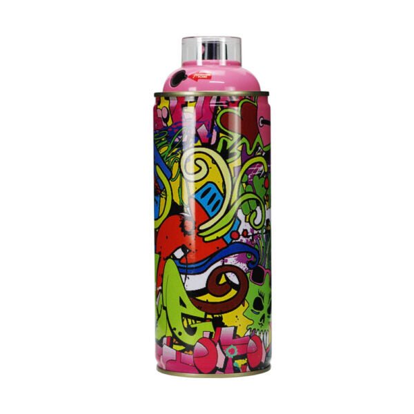 A spray paint can torch lighter featuring a vibrant, multicolored graffiti-style graphic design on its body, with a solid pink top section and a silver metal cap, isolated on a white background.