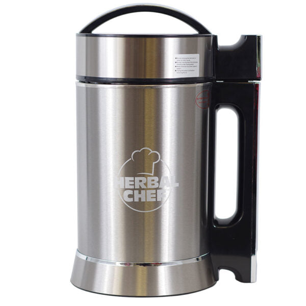 A stainless steel electric tea or soy milk maker with a black handle and base, featuring a white 'HERBAL CHEF' logo on the front, set against a plain white background.