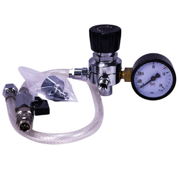 A stainless steel gas regulator with a black adjustment knob, a round pressure gauge, a braided clear hose, and a small metal fitting, shown on a plain white background.