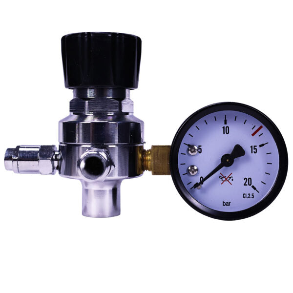A stainless steel gas regulator with a black adjustment knob and a white pressure gauge showing bar units, isolated on a white background.
