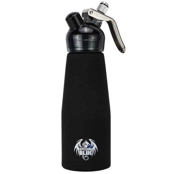 A stainless steel whipped cream dispenser bottle with a Black body, a black and silver trigger sprayer, and a clear cap, featuring a 'Special Blue' dragon logo near the bottom.