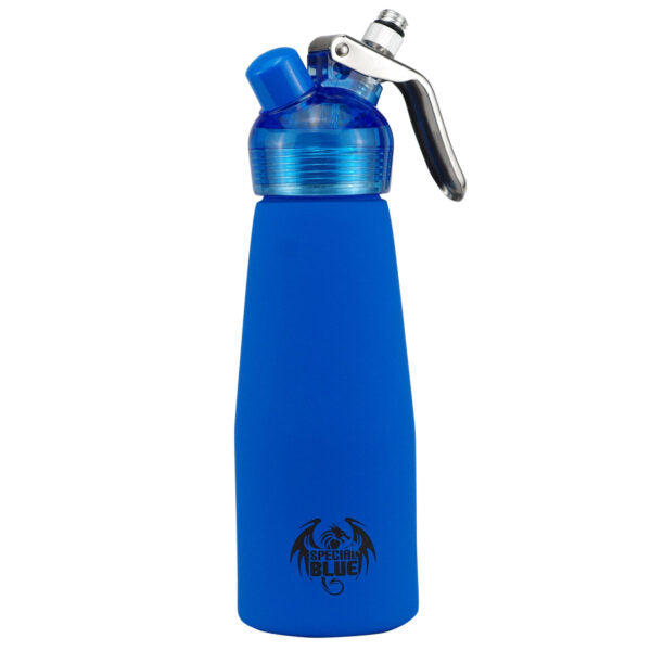 A stainless steel whipped cream dispenser bottle with a Blue body, a black and silver trigger sprayer, and a clear cap, featuring a 'Special Blue' dragon logo near the bottom.