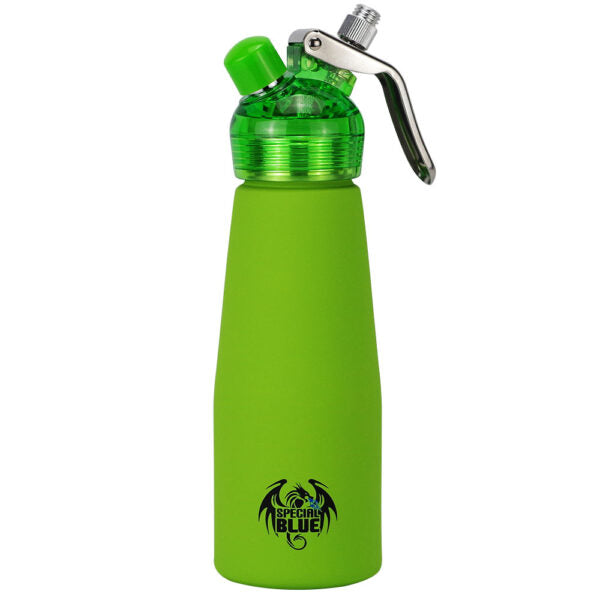 A stainless steel whipped cream dispenser bottle with a Green body, a black and silver trigger sprayer, and a clear cap, featuring a 'Special Blue' dragon logo near the bottom.