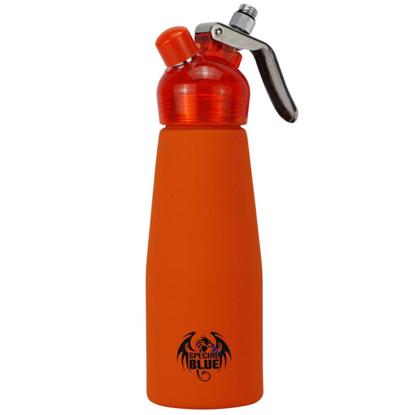 A stainless steel whipped cream dispenser bottle with a Orange body, a black and silver trigger sprayer, and a clear cap, featuring a 'Special Blue' dragon logo near the bottom.