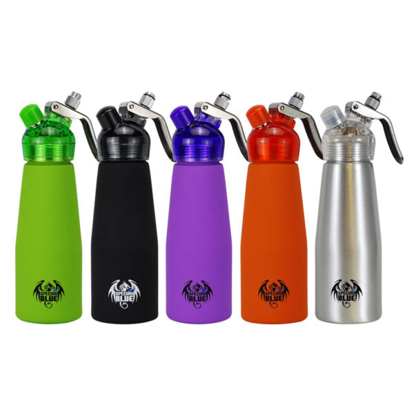 A stainless steel whipped cream dispenser bottle with a black and silver trigger sprayer, and a clear cap, featuring a 'Special Blue' dragon logo near the bottom.