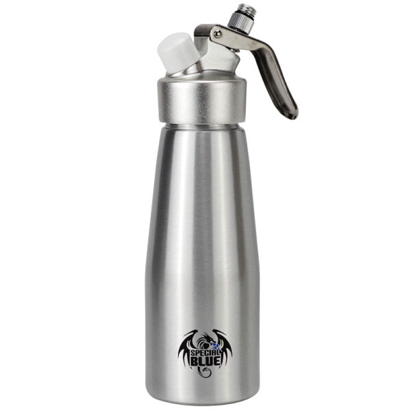 A stainless steel whipped cream dispenser bottle with a black and silver trigger sprayer and a white cap, featuring a 'SPEECHIN BLUE' dragon logo near the bottom, on a white background.
