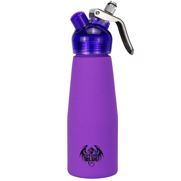 A stainless steel whipped cream dispenser bottle with a purple body, a black and silver trigger sprayer, and a clear cap, featuring a 'Special Blue' dragon logo near the bottom.