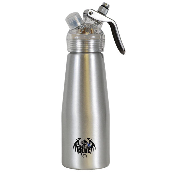 A stainless steel whipped cream dispenser bottle with a silver body, a black and silver trigger sprayer, and a clear cap, featuring a 'Special Blue' dragon logo near the bottom.