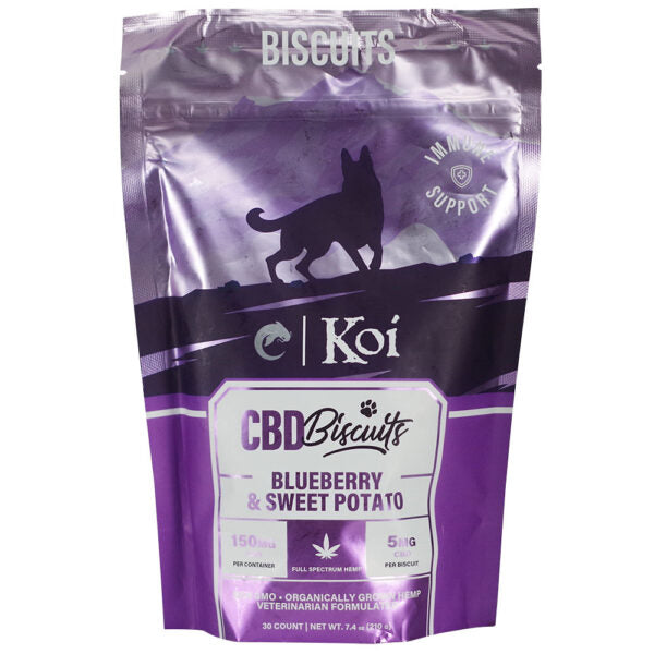 A stand-up pouch of Koi CBD Biscuits Blueberry & Sweet Potato dog treats, featuring a purple and black design with a dog silhouette and white text.