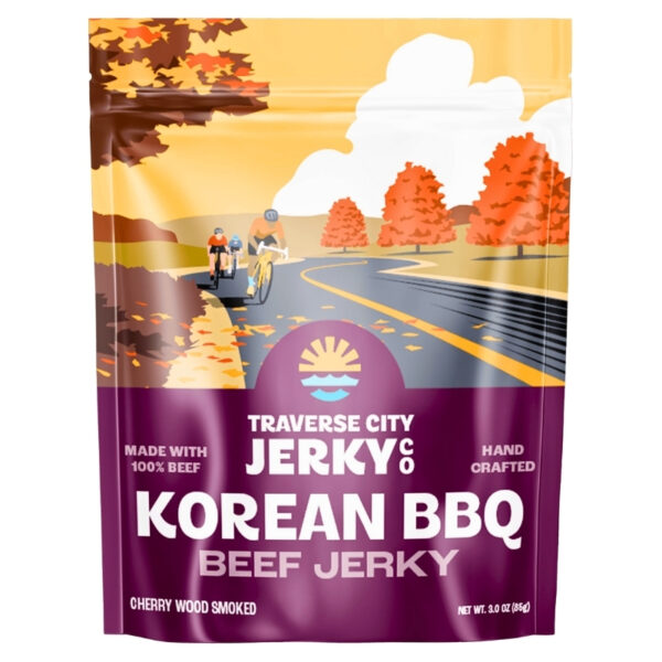 A stand-up pouch of Traverse City Jerky Korean BBQ Beef Jerky, cherry wood smoked, 2.0 oz (56g).