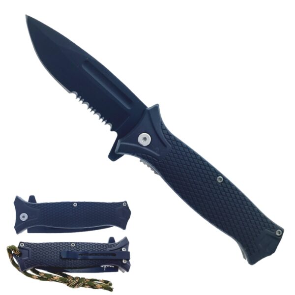 A tactical fixed-blade knife shown open, with two smaller views below showing the knife folded. The knife has a dark navy blue blade and textured handle scales, with a small camouflage lanyard cord on the folded version.