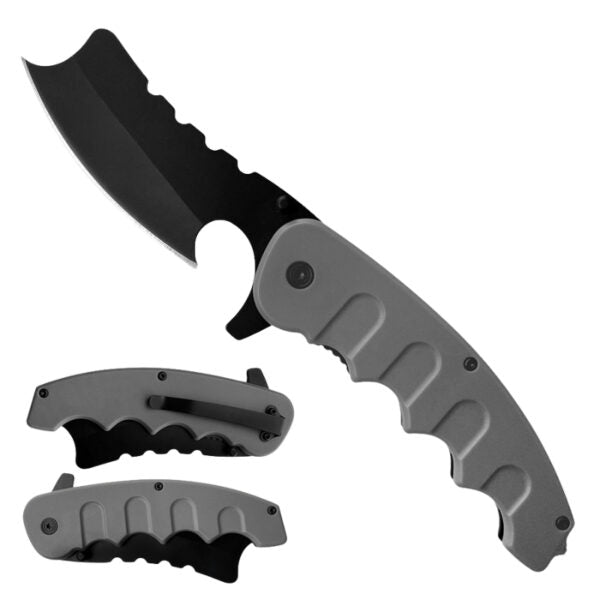A tactical folding knife with a black blade and a textured gray handle, shown open with two matching gray sheaths below on a plain white background.