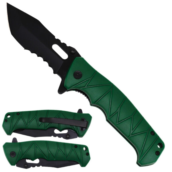A tactical folding knife with a black drop-point blade and textured green handle, shown open with two additional views of the closed knife below on a plain white background.