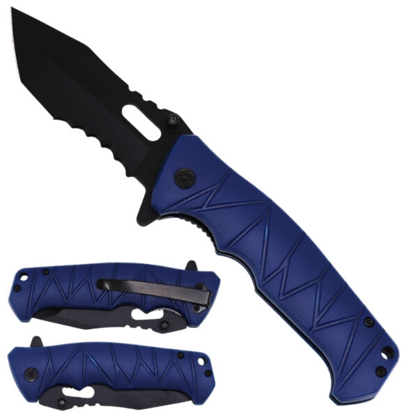 A tactical folding knife with a matte black drop-point blade and a textured royal blue handle, shown in both open and closed positions against a plain white background.