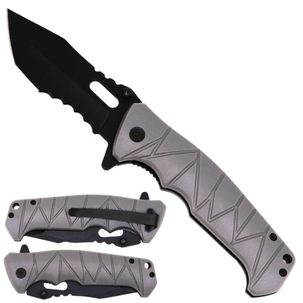 A tactical folding pocket knife with a black drop-point blade and textured gray handle scales, shown open with two folded views below on a plain white background.
