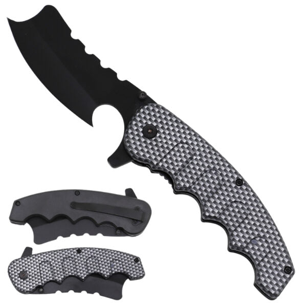 A tactical folding pocket knife with a black partially serrated blade, a black clip point, and a textured gray and black handle scale, shown alongside its open and closed views on a white background.