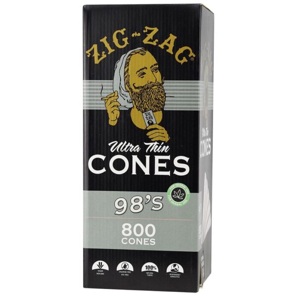 A tall rectangular box of Zig-Zag Ultra Thin Cones 98's, containing 800 cones. The packaging is primarily black with a gray horizontal band, gold and white text, and a vintage-style illustration of a bearded man holding a cone.