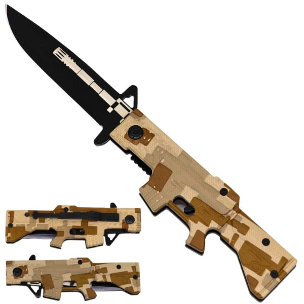 A toy or replica tactical rifle-shaped knife shown open, with two smaller closed views below on a plain white background. The main product has a tan and brown camouflage stock and handle, with a black blade and small silver markings.