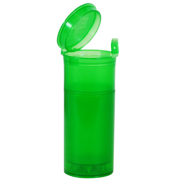 A translucent green plastic pill organizer container with its lid open, shown on a plain white background.