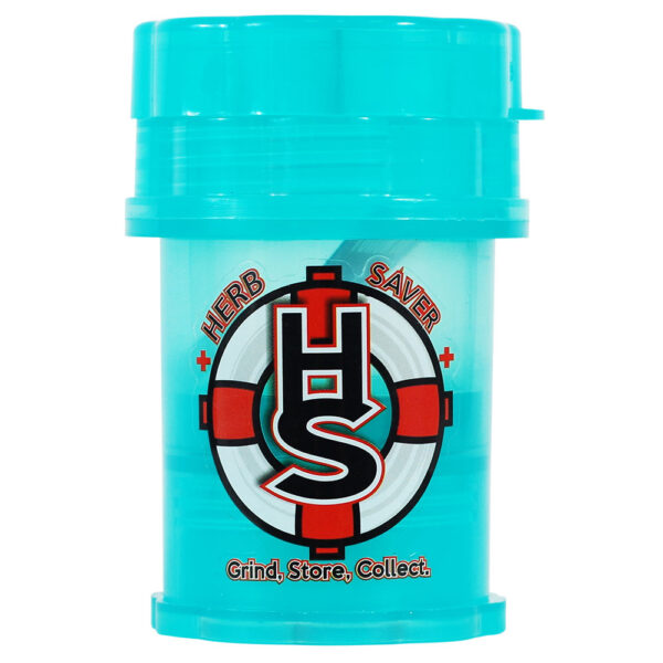 A translucent light blue plastic herb grinder container with a matching blue lid. The front features a circular logo with a red and white life preserver design, a large black and red 'HS' monogram, and the words 'HERB SAVER' and 'Grind, Store, Collect.