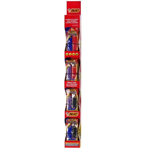 A vertical retail display card holding four BIC lighter wraps, shown on a plain white background. The packaging is red, white, and blue, with the BIC logo clearly visible on each lighter.