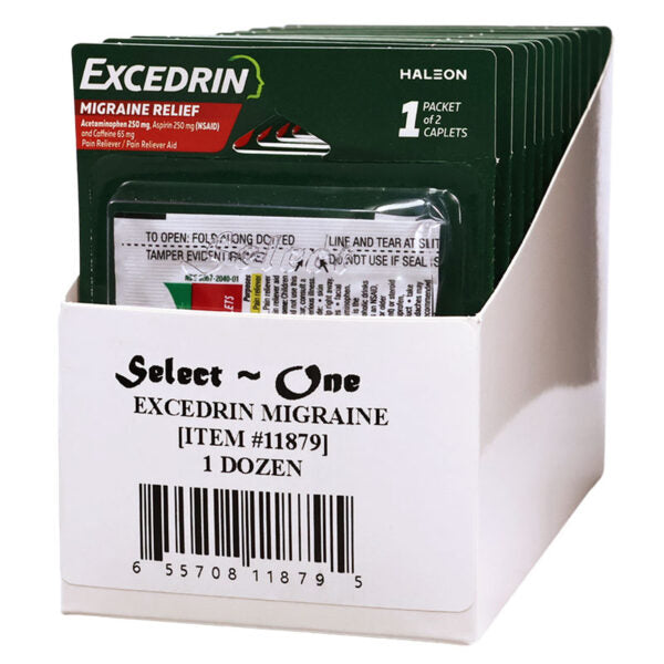 A white Select-One retail box containing Excedrin Migraine relief caplets, with multiple dark green packet packages visible inside.