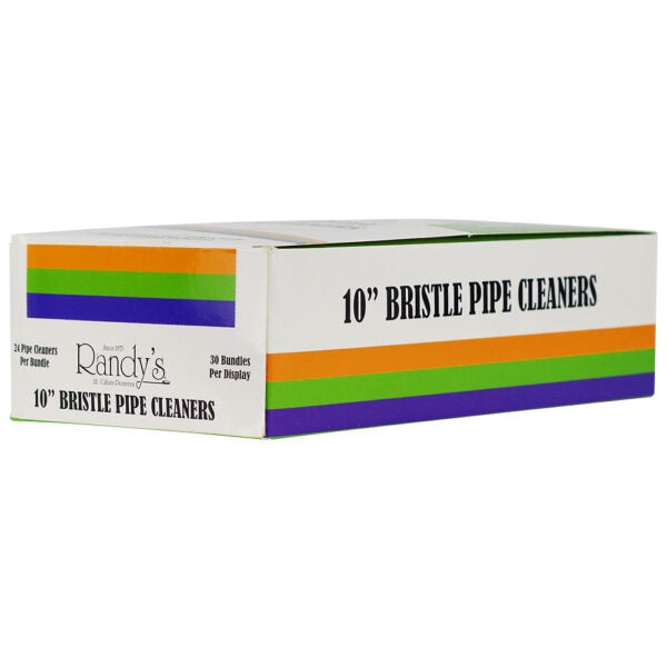 A white cardboard box of Randy's 10" Bristle Pipe Cleaners, featuring green, orange, and purple stripes on the sides and front, with black text on a white background.
