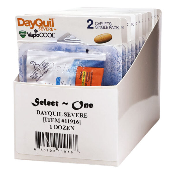 A white cardboard display box containing multiple packs of DayQuil Severe+ caplets, with the front pack labeled 'DayQuil SEVERE+' and 'VapoCOOL'.