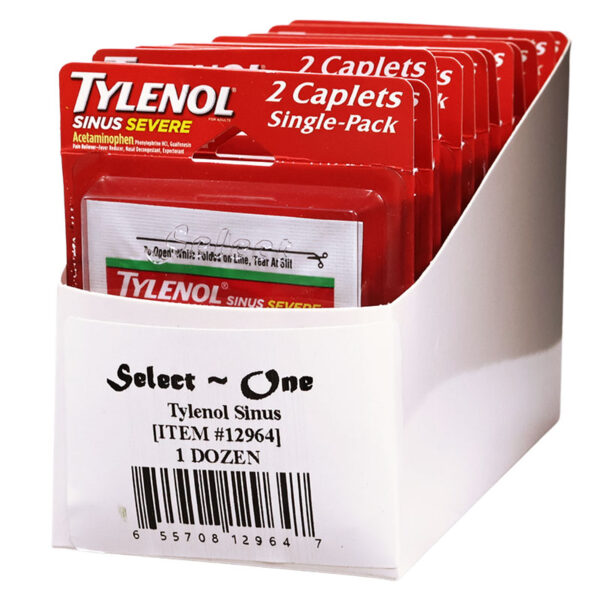 A white cardboard display box containing multiple red packets of Tylenol Sinus Severe single-pack caplets, with one packet pulled forward to show the product packaging.