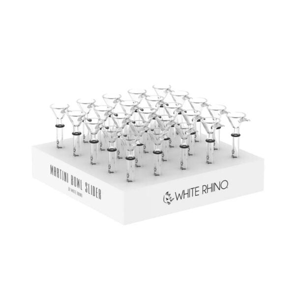 A white display stand labeled 'MARTINI BOWL SLIDER' and 'WHITE RHINO' holding multiple clear glass martini-style bowls with metal sliders, photographed on a white background.