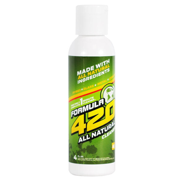 A white plastic bottle of Formula 420 All Natural Metal & Plastic Cleaner with a green and yellow label, shown against a plain white background.