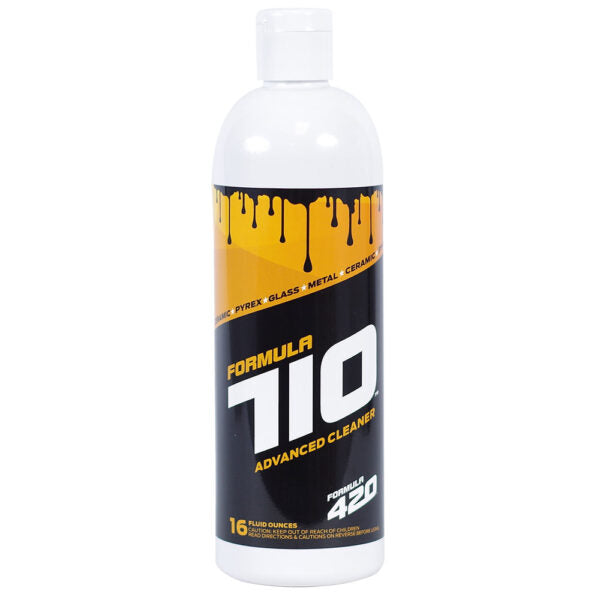 A white plastic bottle of Formula 710 Advanced Cleaner, Formula 420, with a black and yellow label, on a solid white background.