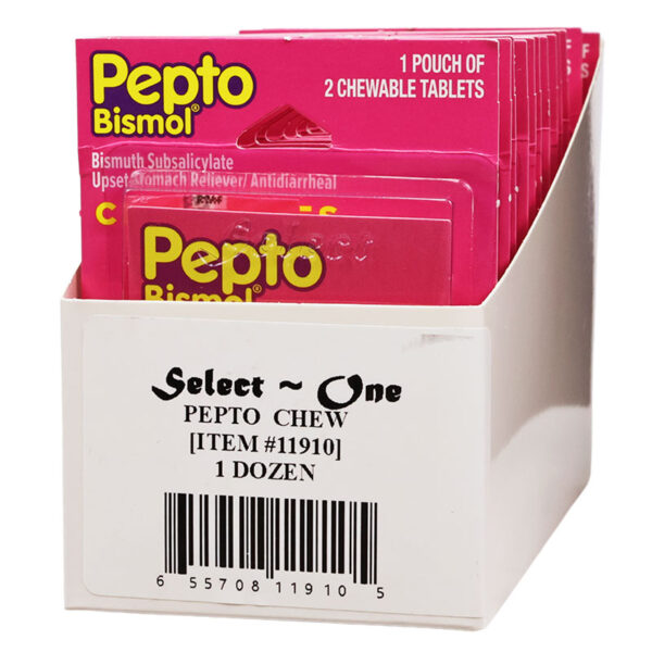 A white plastic display box containing multiple pink Pepto Bismol chewable tablet pouches. The front of the box reads 'Select One Pepto Chew [ITEM #11910] 1 DOZEN' with a barcode.