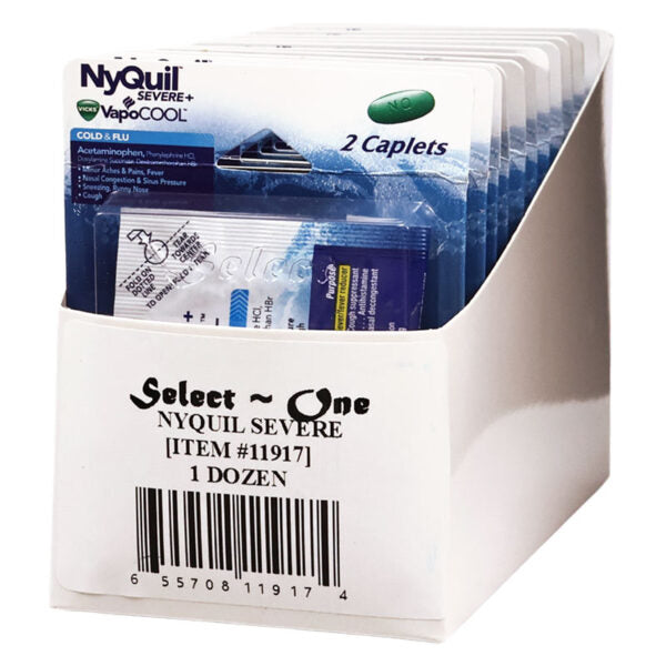 A white plastic display box containing one dozen packets of NyQuil Severe cold and flu medicine, with the front label reading 'Select One NYQUIL SEVERE [ITEM #11917] 1 DOZEN'.