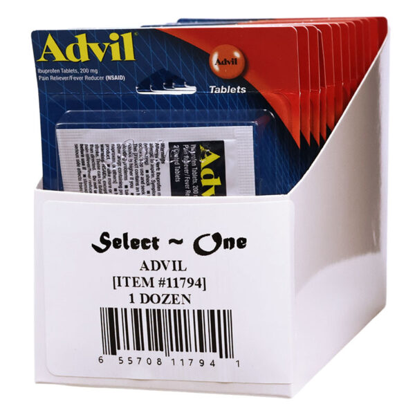 A white plastic display box holding Advil tablets, with several Advil blister packs fanned out at the top. The front of the box reads 'Select One ADVIL [ITEM #11794] 1 DOZEN' with a barcode.