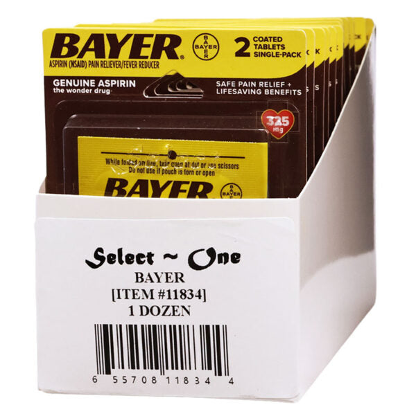 A white plastic display box holding multiple Bayer Select One single-pack aspirin packets, with the front packet showing yellow, brown, and black packaging and the box labeled 'Select One BAYER [ITEM#11834] 1 DOZEN'.