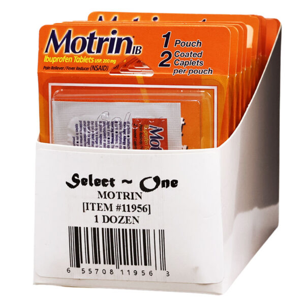 A white plastic display box holding orange Motrin IB ibuprofen pouches, with the front label reading 'Select One MOTRIN [ITEM #11956] 1 DOZEN'.