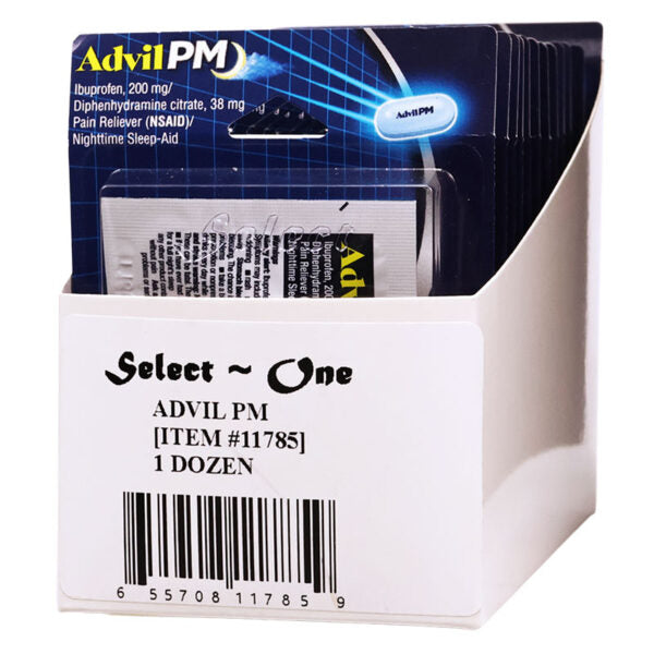 A white plastic display box labeled 'Select ~ One ADVIL PM 1 DOZEN' holding multiple blister packs of Advil PM pain reliever.