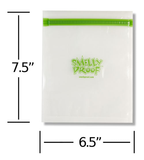 A white plastic zip-top bag with a bright green seal and green 'SMELLY PROOF' logo, shown with dimension lines indicating 7.5 inches tall by 6.