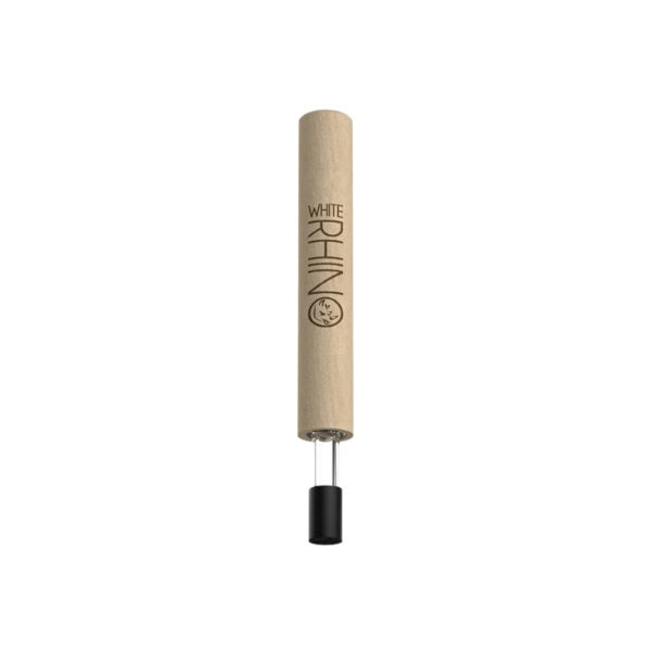 A white rhino-shaped incense holder made of light natural wood with black engraved text and a small black cap at the bottom, shown on a plain white background.