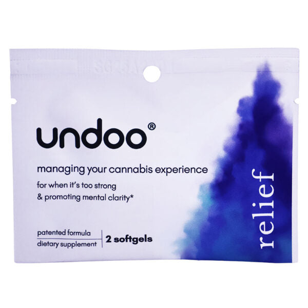 A white stand-up pouch package for Undoo relief dietary supplement, featuring black text and a blue-to-purple smoke graphic on the right side.