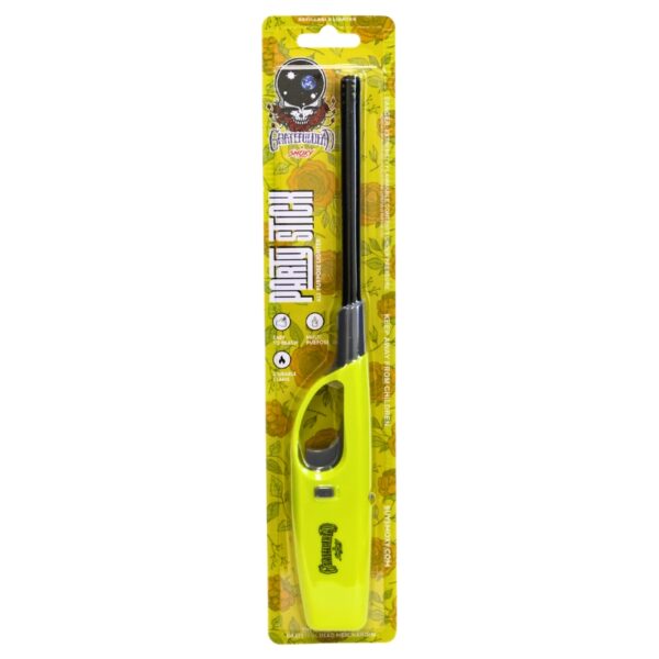 A yellow and black lighter in its original blister packaging, featuring a green and black cat logo with the brand name 'Cattigua'.