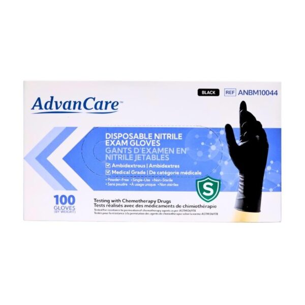 Advancare disposable nitrile exam gloves packaging box, 100 count, black color, featuring a graphic of a gloved hand and a blue and white design.