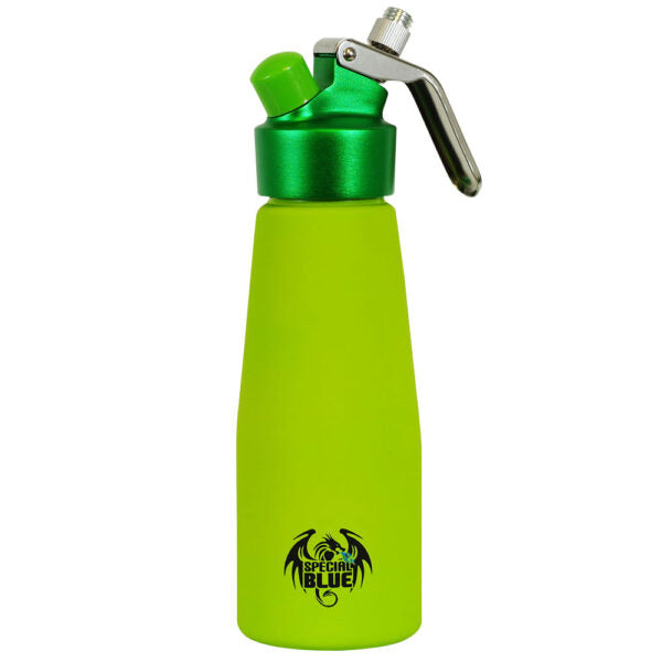 An Green dispenser bottle with a metallic finish, featuring a flip-top lid with a silver metal carrying clip and a black dragon logo with the text 'REVENGE BLUE' near the bottom.
